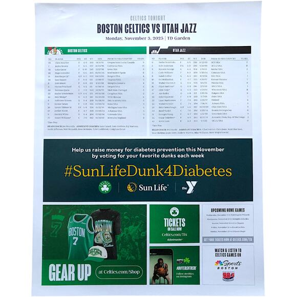 Boston Celtics v Utah Jazz 11/3/25 Lineup Roster Poster ft. Payton Pritchard - Picture 2 of 8